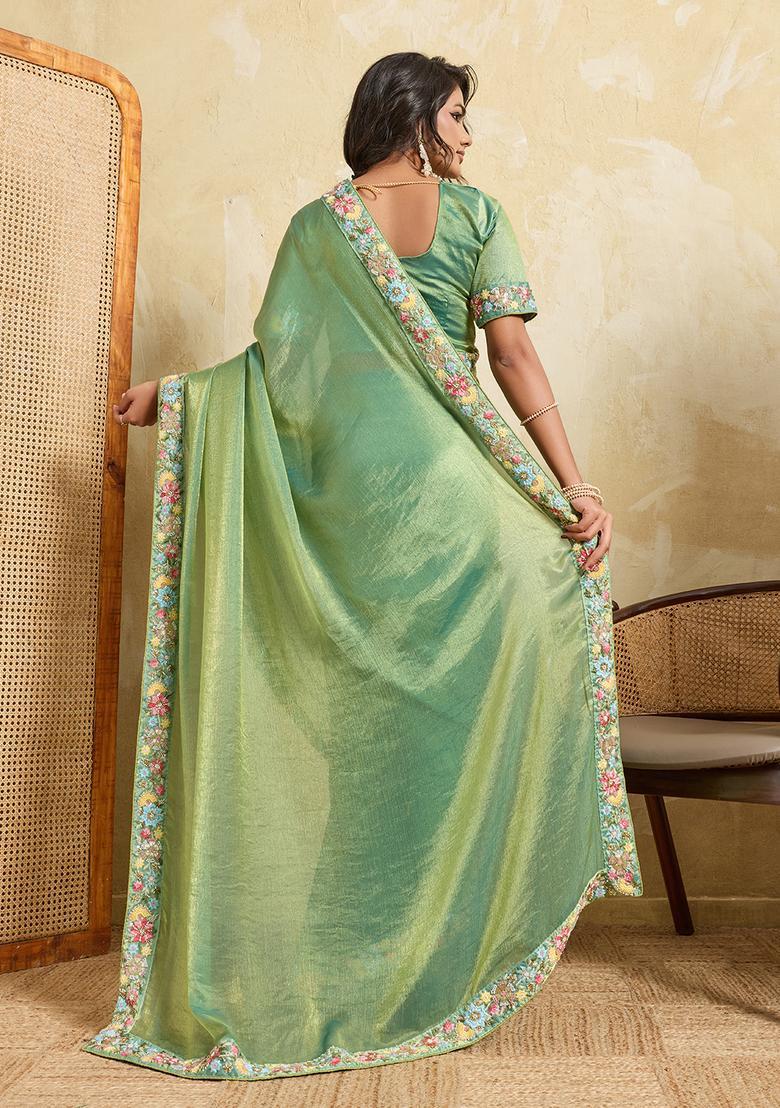Green Embroidery Chiffon Saree Set - Indya