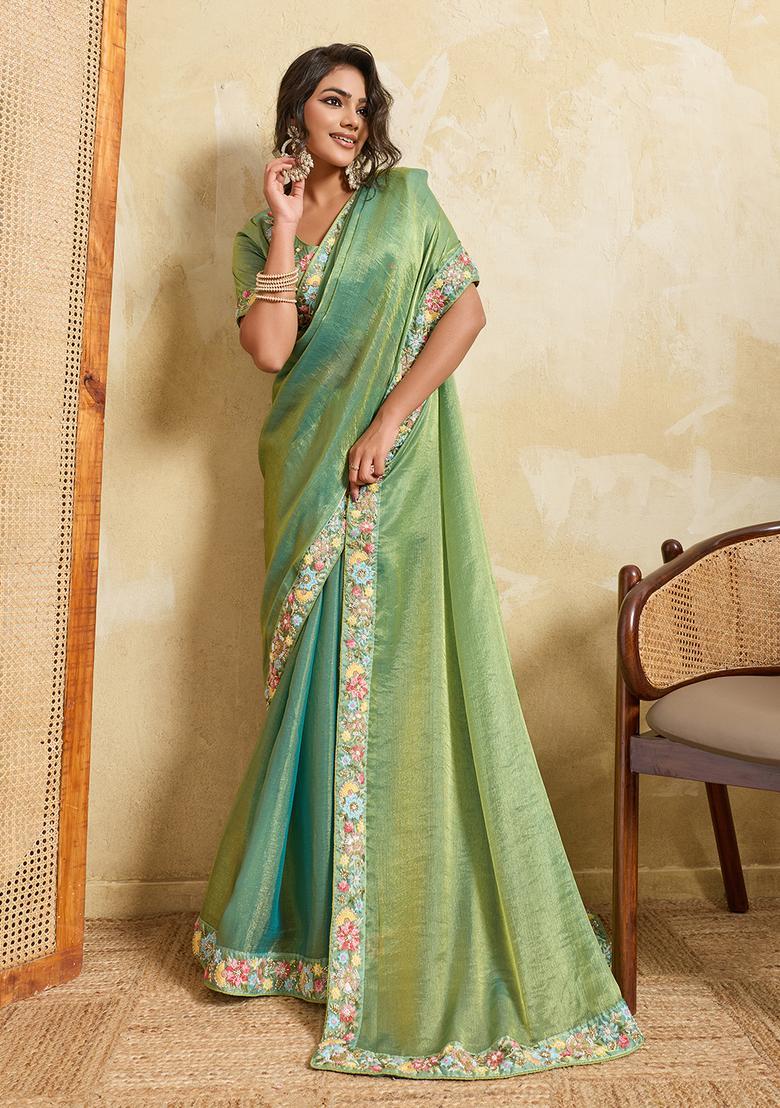 Green Embroidery Chiffon Saree Set - Indya