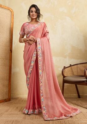 Pink Embroidery Chiffon Saree Set