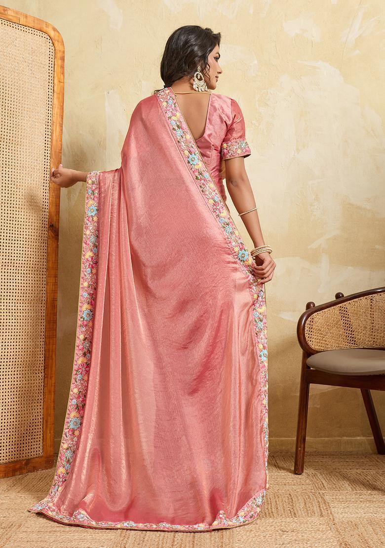 Pink Embroidery Chiffon Saree Set - Indya