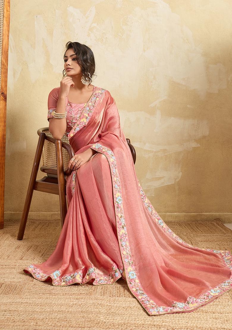 Pink Embroidery Chiffon Saree Set - Indya