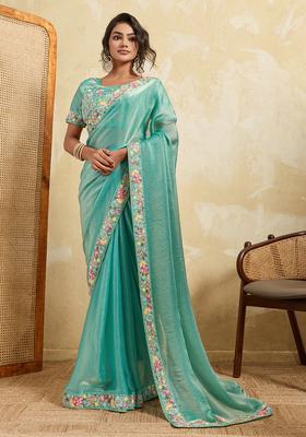 Sea Green Embroidery Chiffon Saree Set