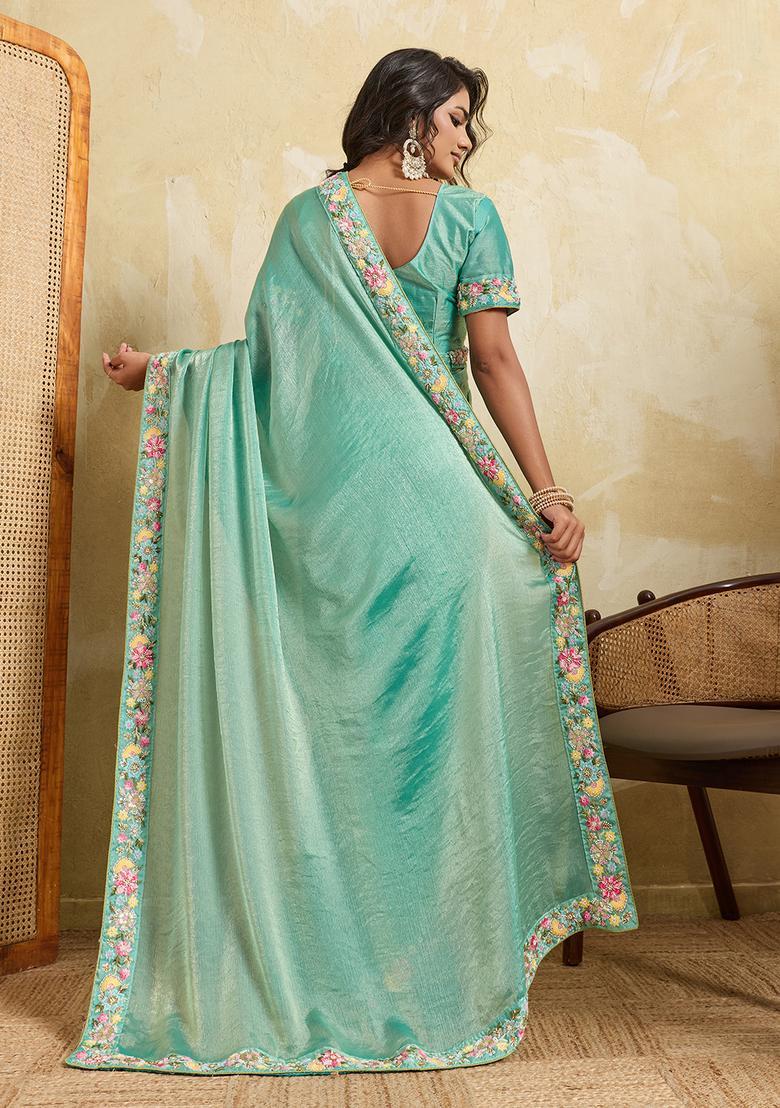 Sea Green Embroidery Chiffon Saree Set - Indya
