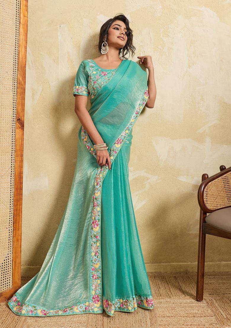Sea Green Embroidery Chiffon Saree Set - Indya