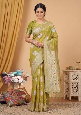 Mustard Zari Work Cotton Saree Set