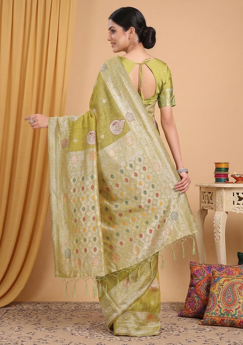 Mustard Zari Work Cotton Saree Set - Indya
