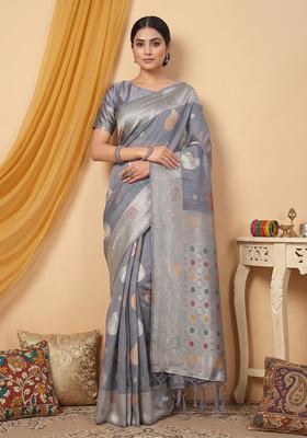 Grey Zari Work Cotton Saree Set