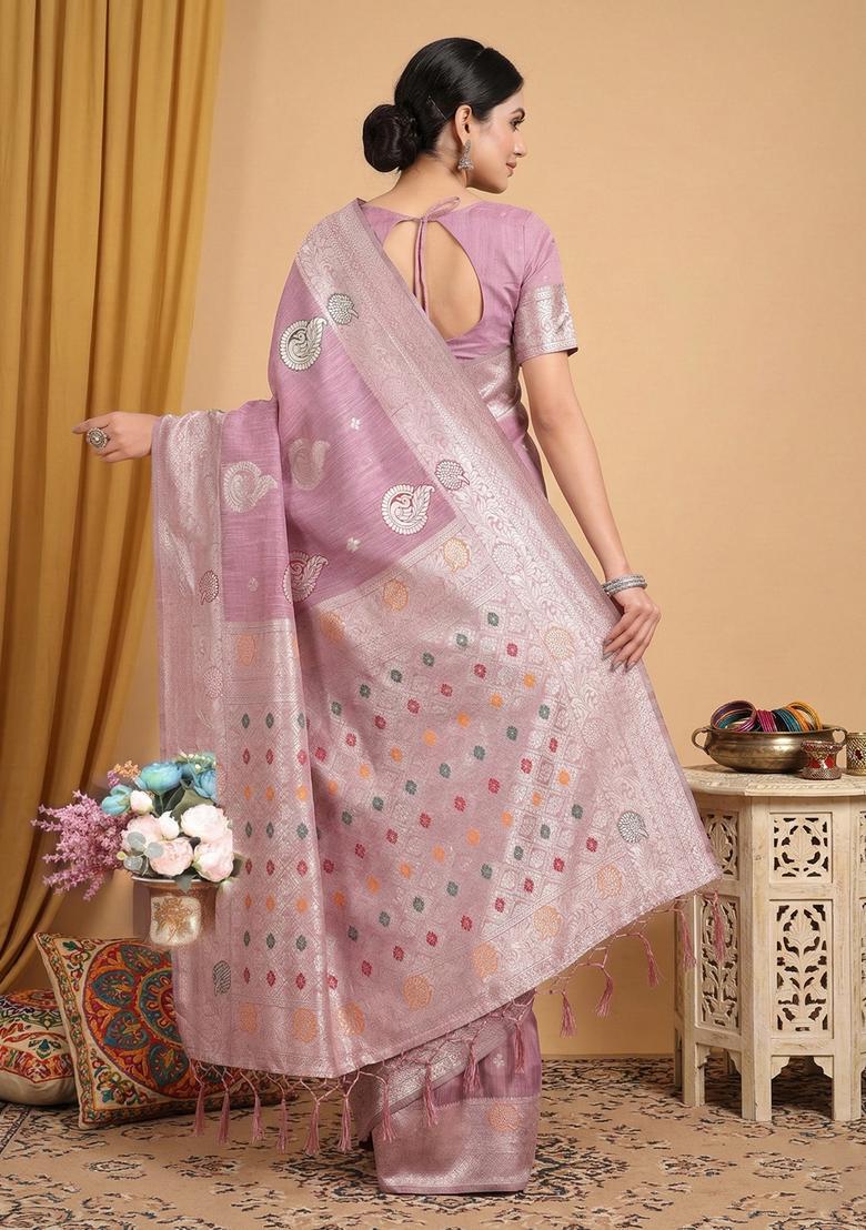 Purple Zari Work Cotton Saree Set - Indya