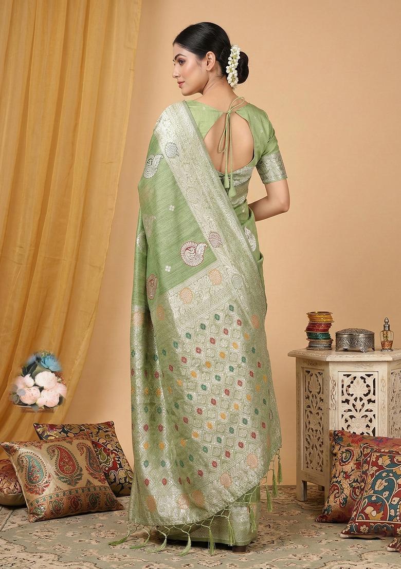 Green Zari Work Cotton Saree Set - Indya