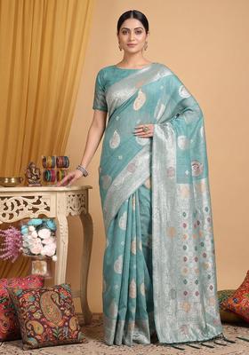 Sea Green Zari Work Cotton Saree Set