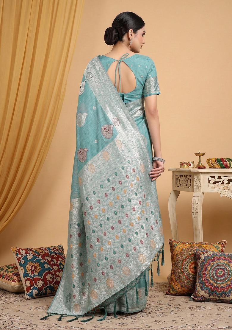 Sea Green Zari Work Cotton Saree Set - Indya