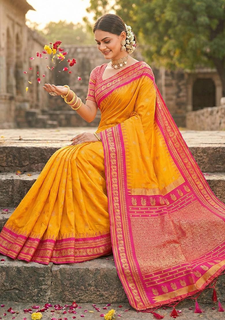 Yellow Zari Work Silk Saree Set - Indya