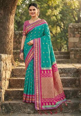 Sea Green Zari Work Silk Saree Set