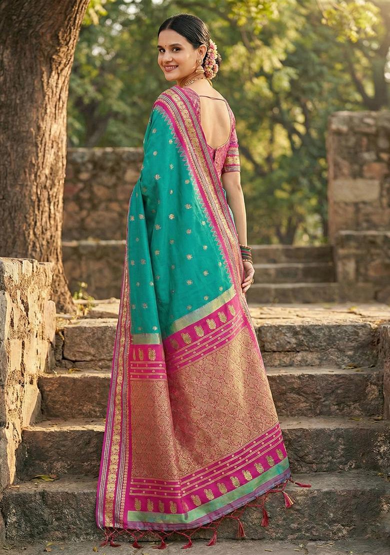 Sea Green Zari Work Silk Saree Set - Indya