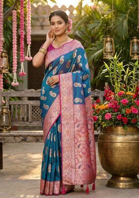Sky Blue Zari Work Silk Saree Set