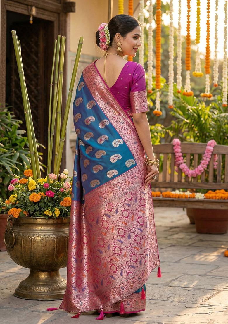 Sky Blue Zari Work Silk Saree Set - Indya