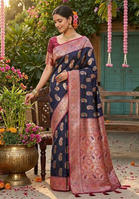 Navy Blue Zari Work Silk Saree Set
