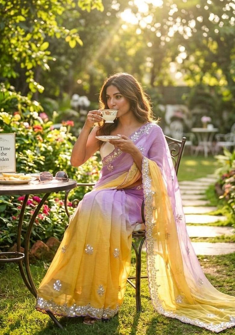 Lavender Embroidery Silk Saree Set - Indya