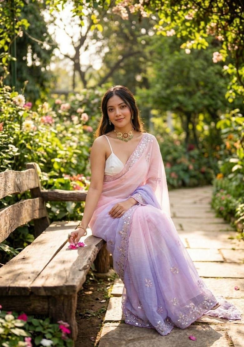 Pink Embroidery Silk Saree Set - Indya