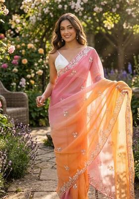 Pink Embroidery Silk Saree Set