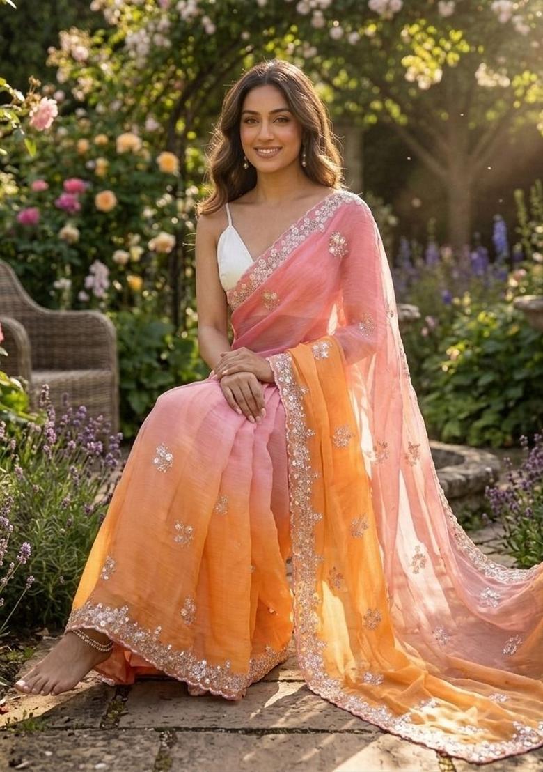 Pink Embroidery Silk Saree Set - Indya