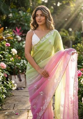 Green Embroidery Silk Saree Set