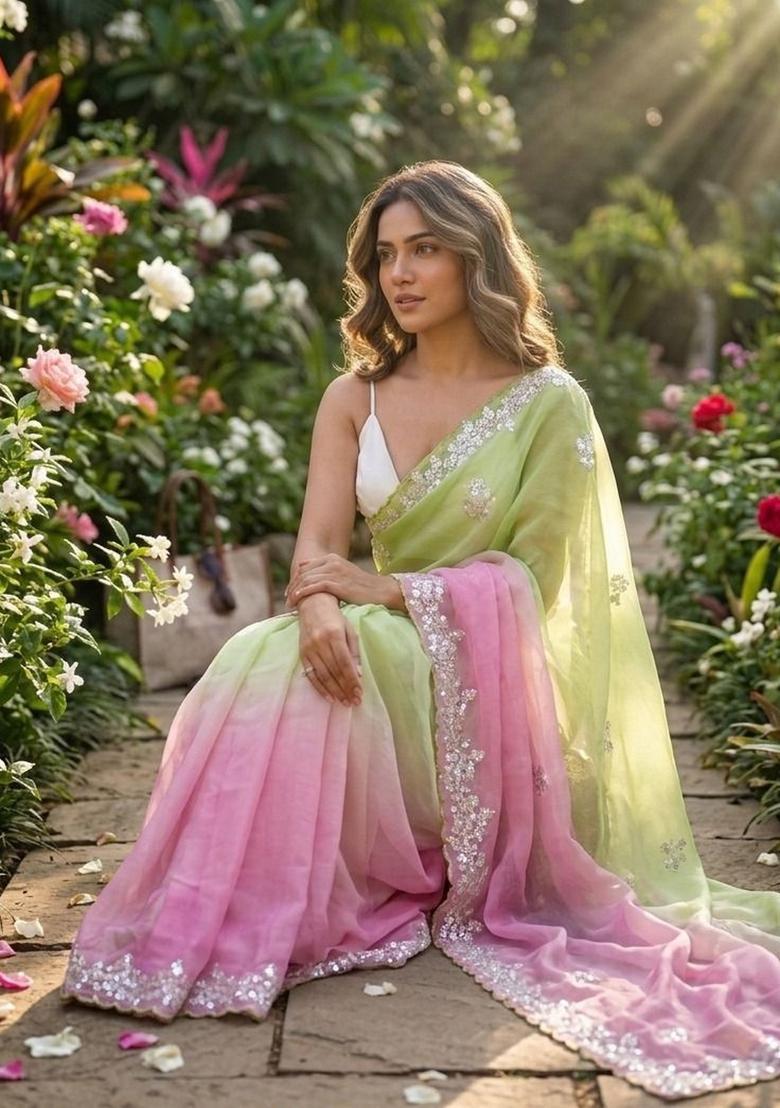 Green Embroidery Silk Saree Set - Indya