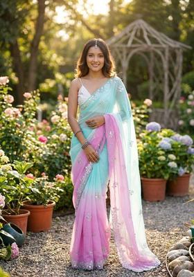 Sea Green Embroidery Silk Saree Set