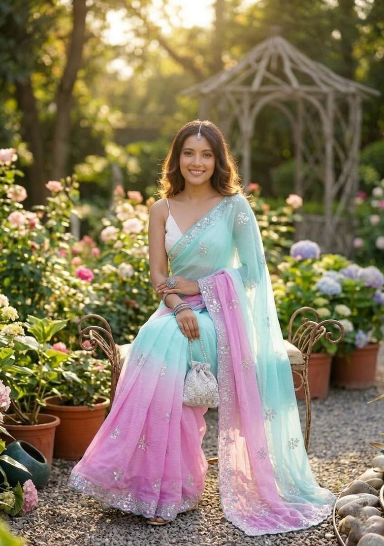 Sea Green Embroidery Silk Saree Set - Indya