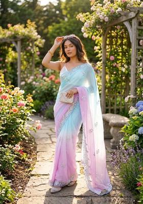Sky Blue Embroidery Silk Saree Set
