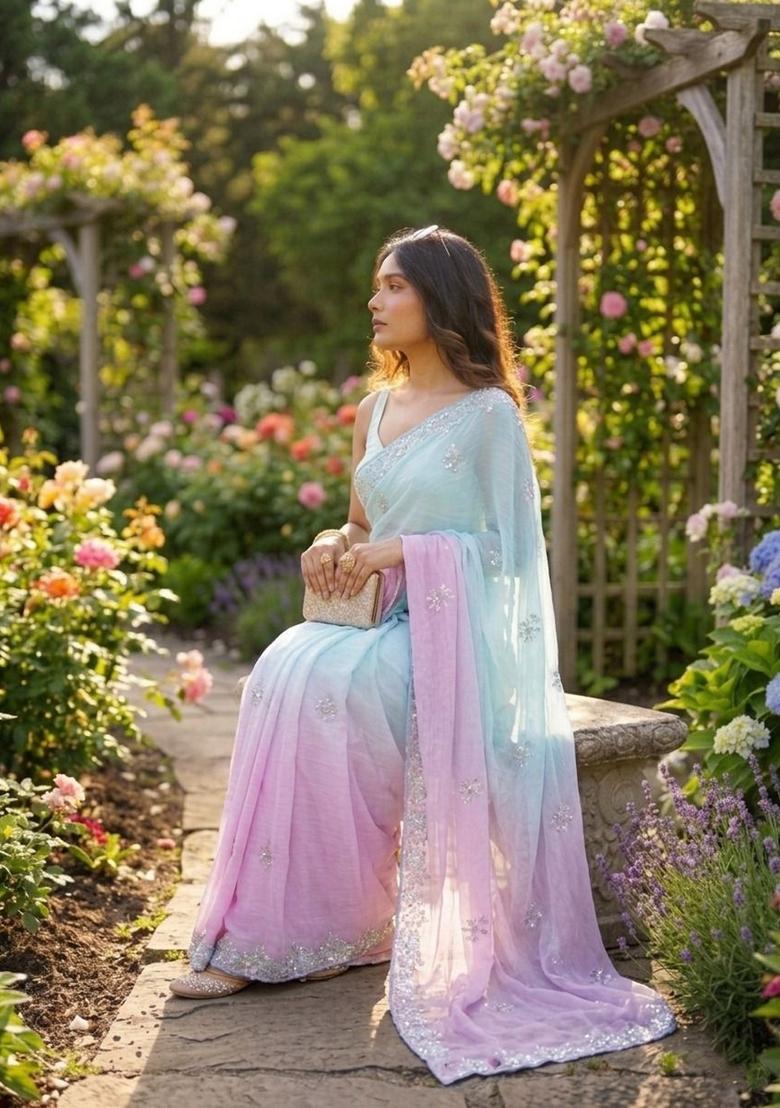 Sky Blue Embroidery Silk Saree Set - Indya