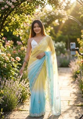 Yellow Embroidery Silk Saree Set