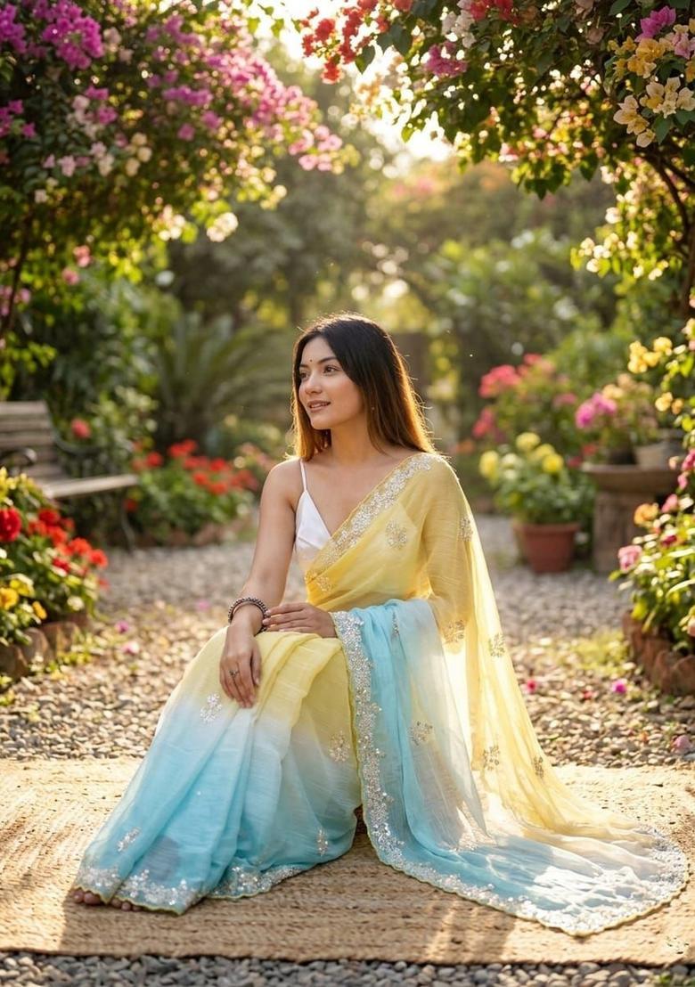 Yellow Embroidery Silk Saree Set - Indya