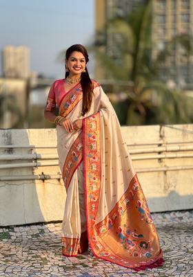 Cream Zari Work Silk Saree Set