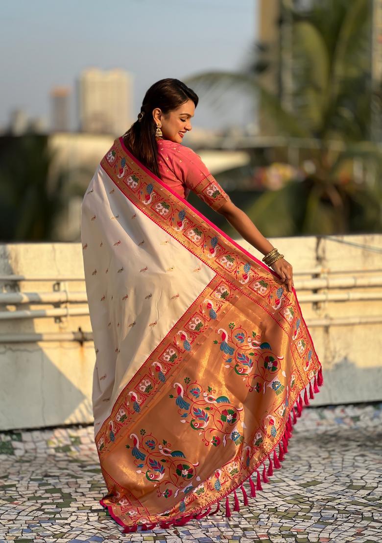Cream Zari Work Silk Saree Set - Indya