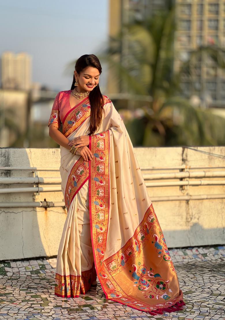 Cream Zari Work Silk Saree Set - Indya