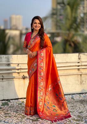 Orange Zari Work Silk Saree Set