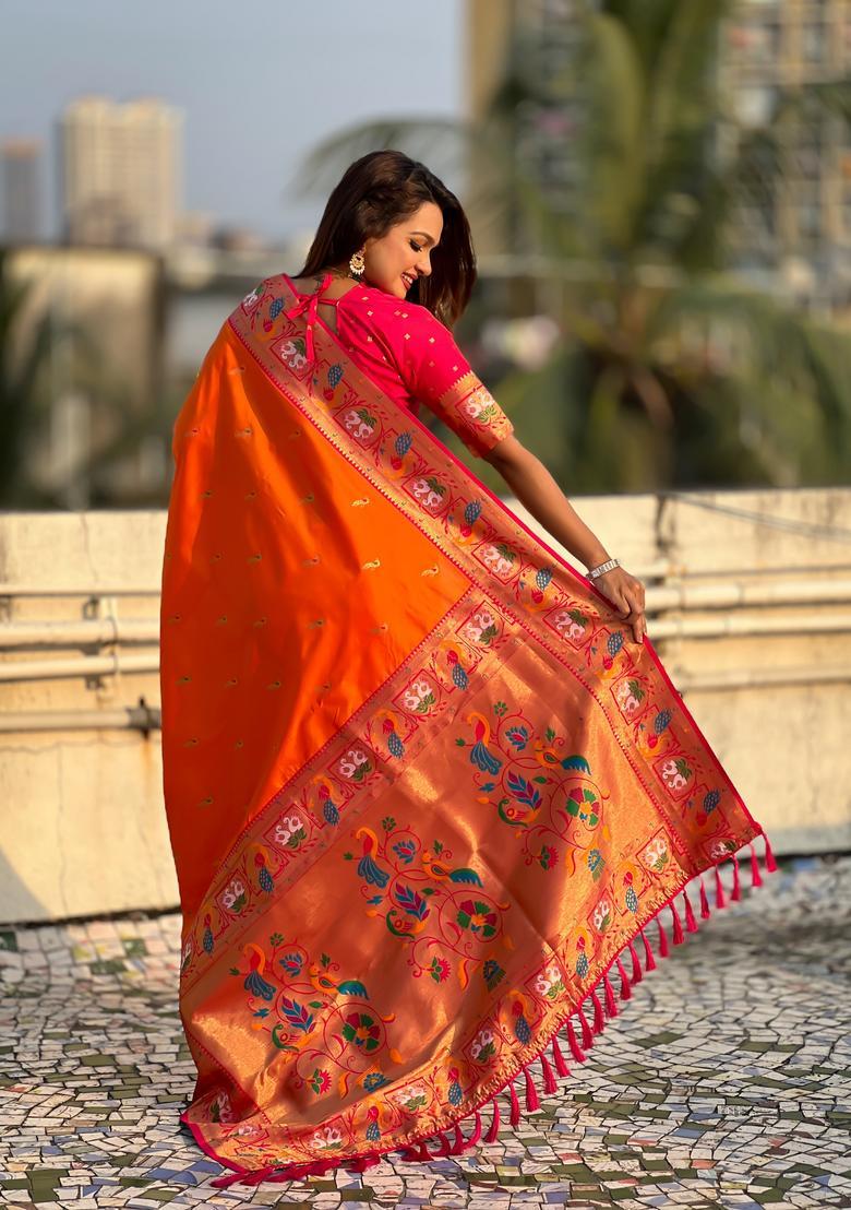 Orange Zari Work Silk Saree Set - Indya