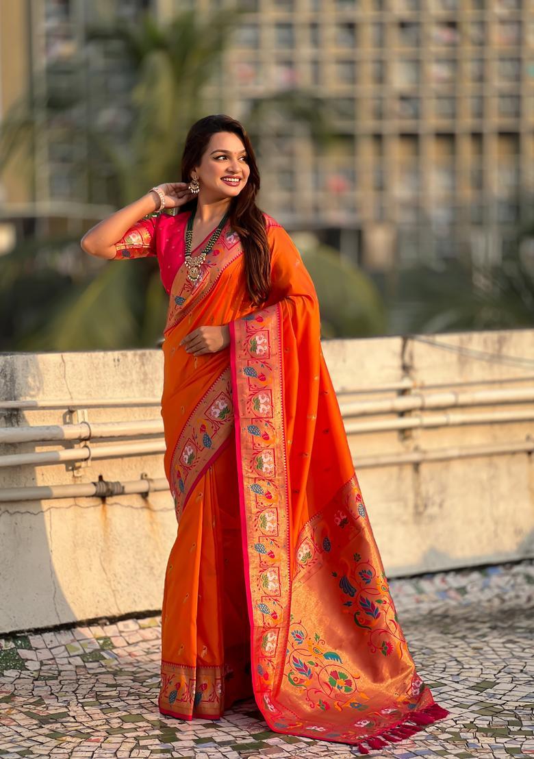 Orange Zari Work Silk Saree Set - Indya