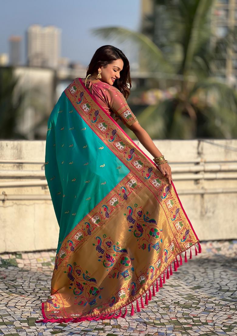Sea Green Zari Work Silk Saree Set - Indya