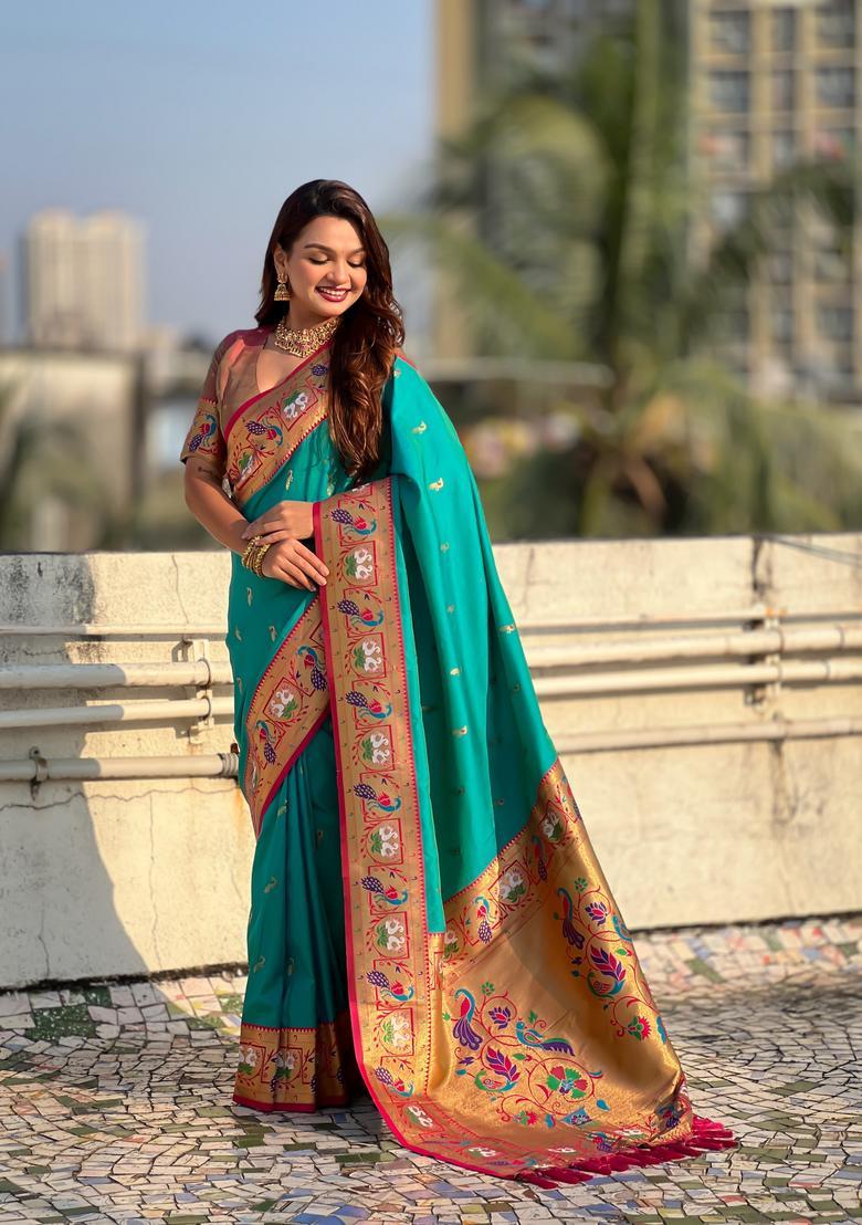 Sea Green Zari Work Silk Saree Set - Indya