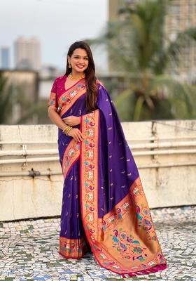 Violet Zari Work Silk Saree Set