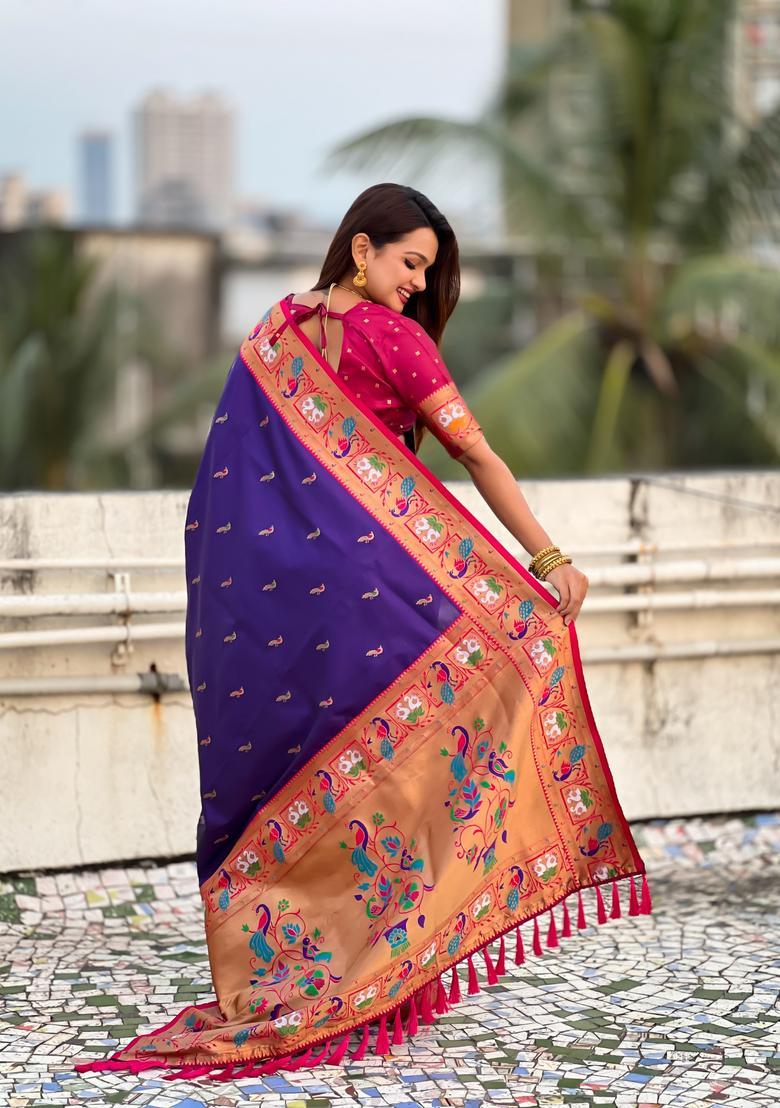 Violet Zari Work Silk Saree Set - Indya