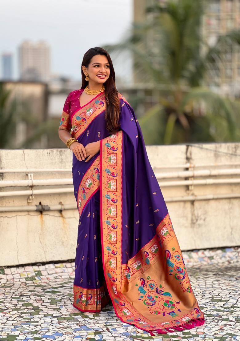 Violet Zari Work Silk Saree Set - Indya