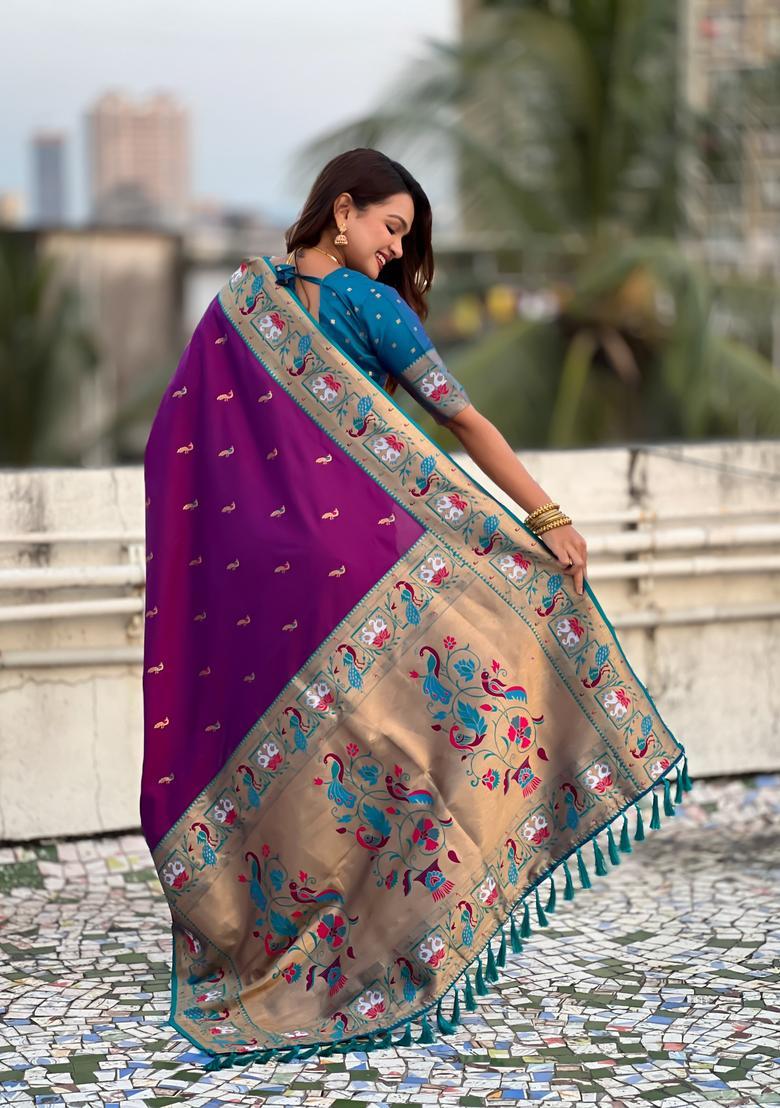 Wine Zari Work Silk Saree Set - Indya