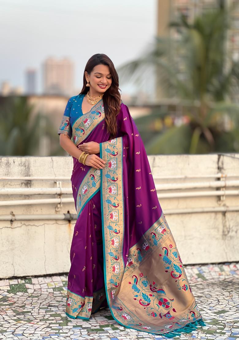 Wine Zari Work Silk Saree Set - Indya