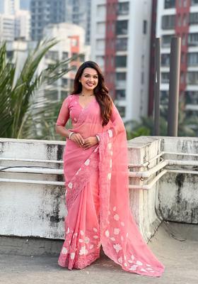 Coral Embroidery Silk Saree Set