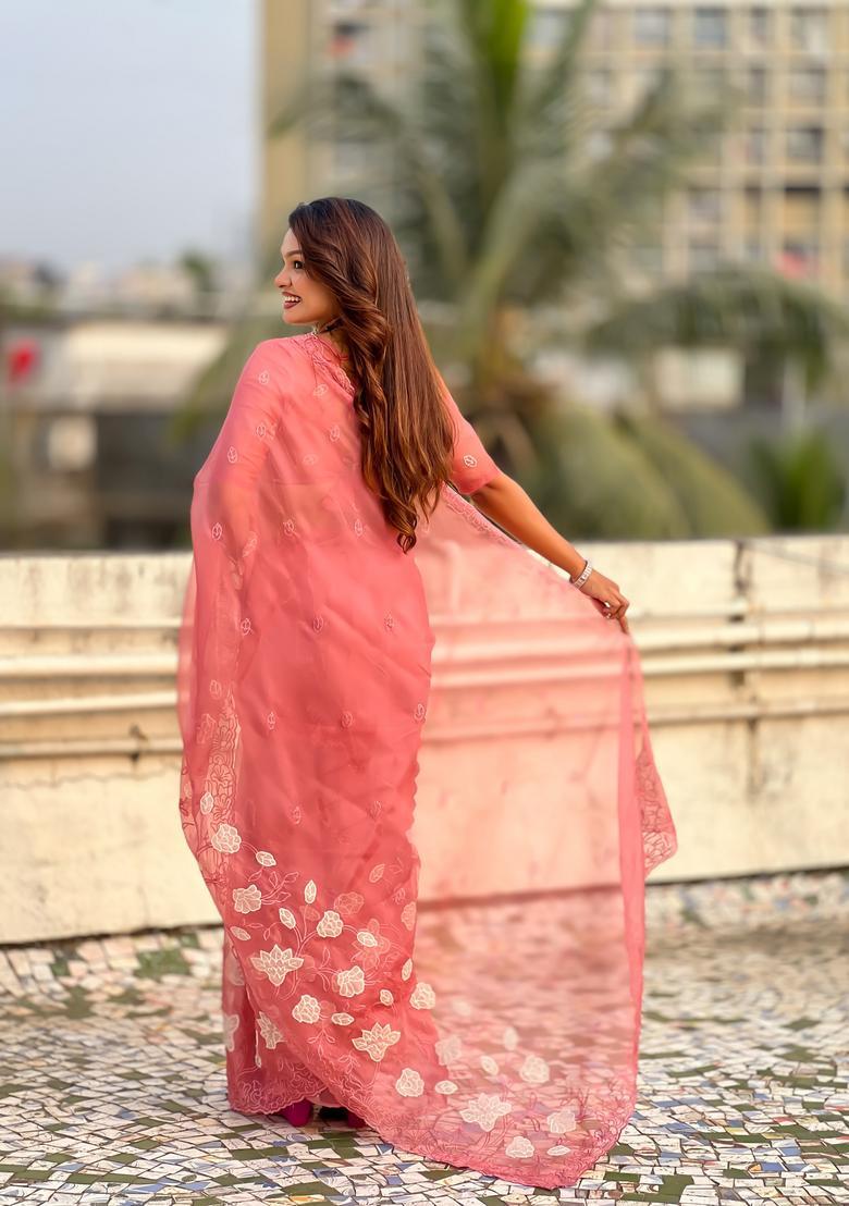 Coral Embroidery Silk Saree Set - Indya
