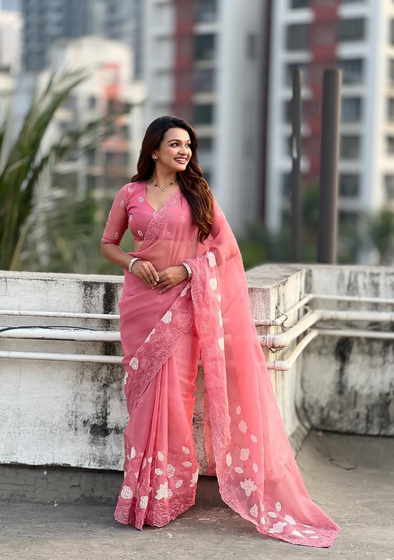Coral Embroidery Silk Saree Set - Indya