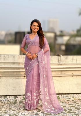 Lavender Embroidery Silk Saree Set